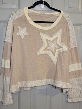 POL - Women's Crochet Knit Star Long Sleeve Top - Blush Cream